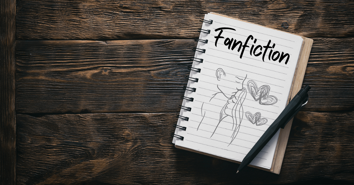 Fanfiction Page Header: Notebook and pen. The notebook has Fanfiction written above a sketch of a couple hugging.