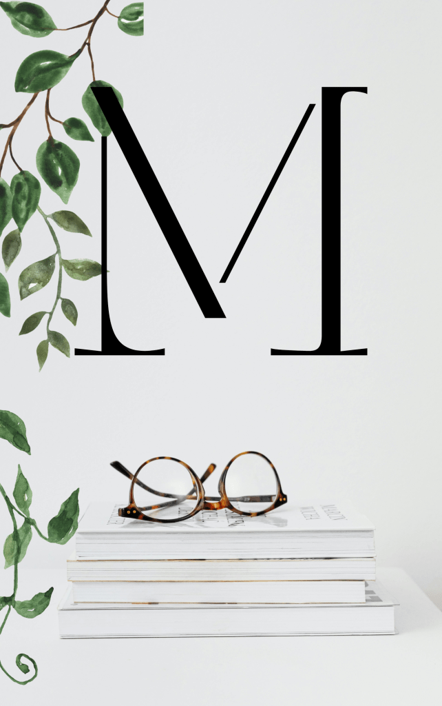 Book stack, glasses, vine, letter M
