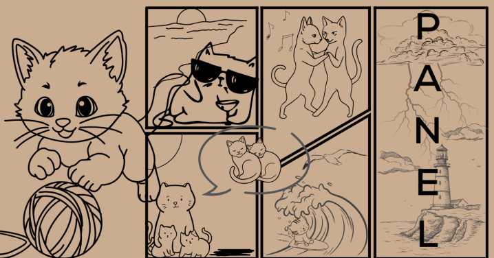 A graphic novel style header with cats in various scenes, and the word 'PANEL'.
