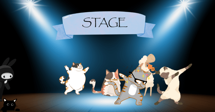 Cats and a sheep performing on stage under lights. A banner with the word 'STAGE'.