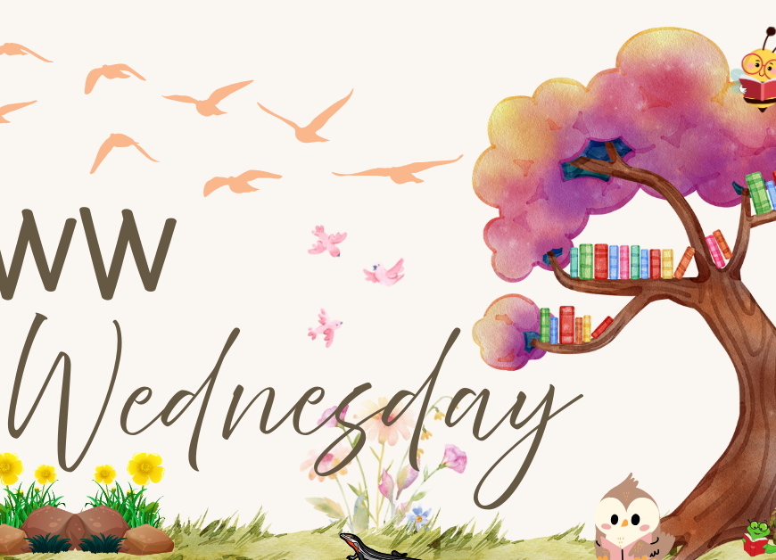 Featured Image for WWW Wednesday 2025, pastel pinks and purples, forest scene with lots of books, and animals reading