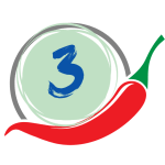 Spice Rating = 3: Shows a stylised chili with the number 3.